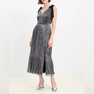 Loft Metallic Silver Tiered V-Neck Sleeveless Midi Dress with Black Bow Size 12
